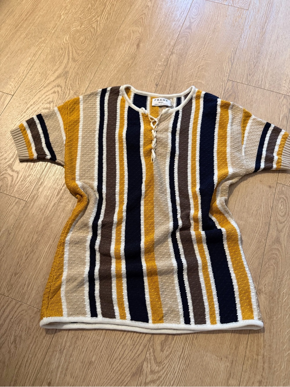 Frame Denim Striped Knit Top in Mustard, Navy & Cream